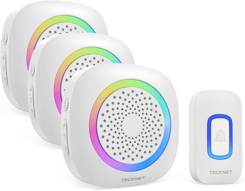 TECKNET جرس باب لاسلكي مع 3 أجراس باب محمولة مع ضوء RGB، مجموعة جرس باب تعمل بالبطارية ومقاومة للماء IP66، نطاق لاسلكي 1300 قدم، 60 لحن و5 مستويات صوت، وقت الاستخدام يصل إلى 4.5 سنوات - Image 1